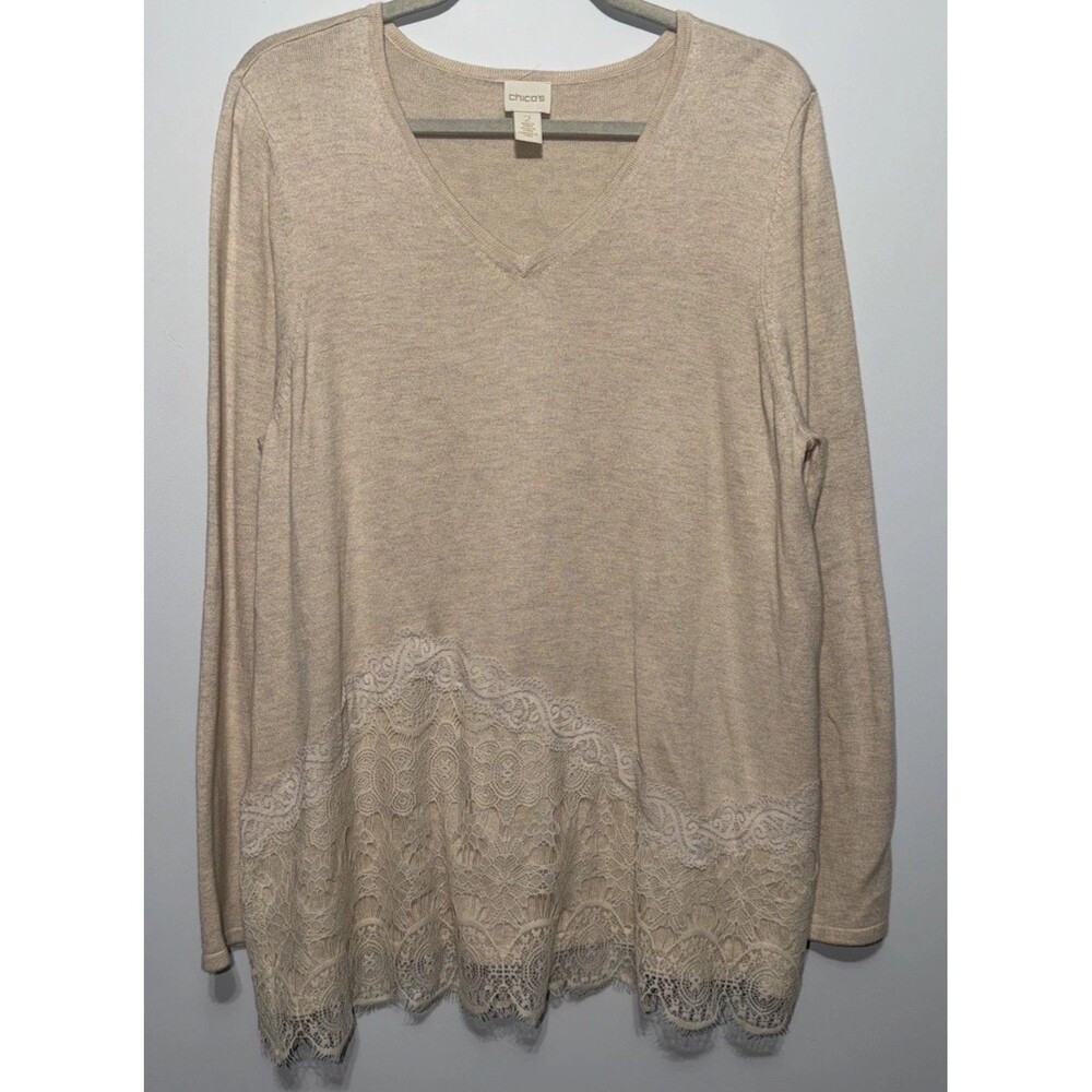 Chicos Asymmetrical Lace Hilary Top Sweater Beige Long Sleeves Sz 2 Large